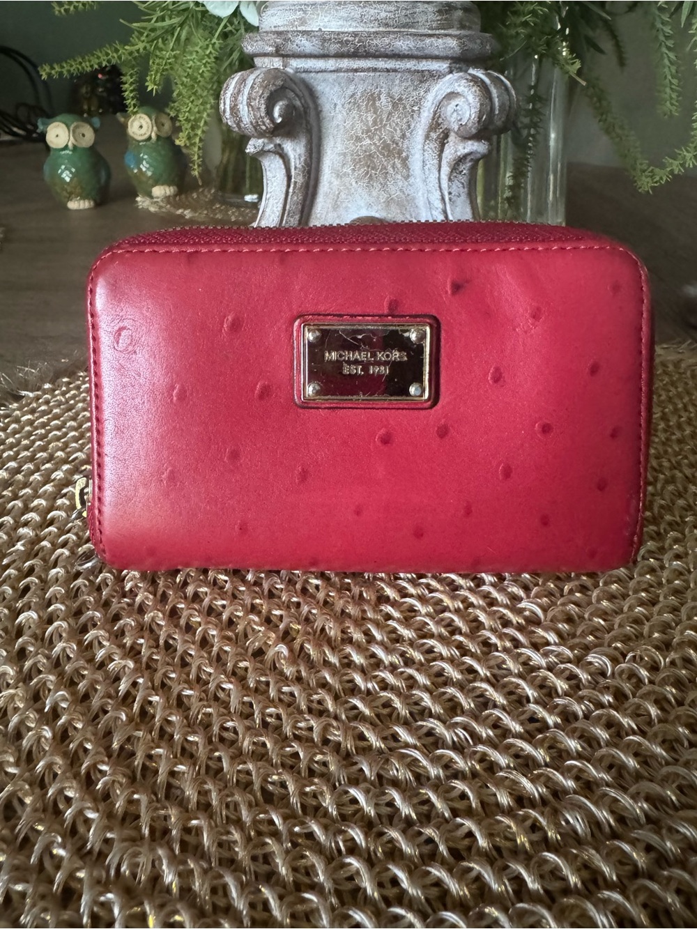 Michael Kors Red Zip-Around Ostrich Leather Wallet with Gold Plaque